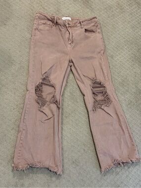 Risen Mauve Distressed Flare Jeans with Frayed Hem